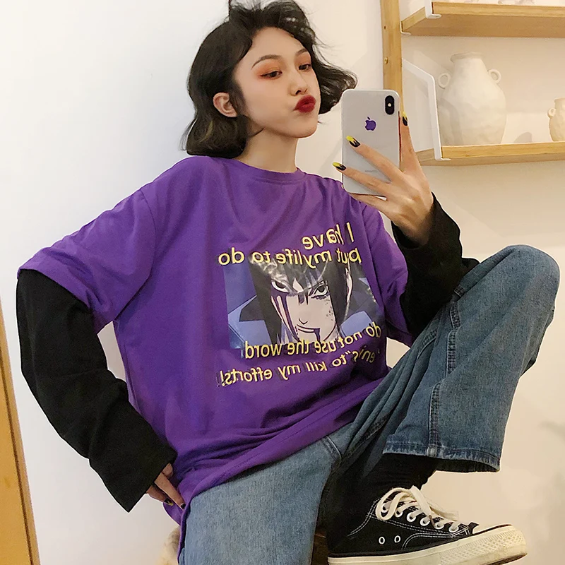 Camisetas Mujer, осенняя женская футболка, Корейская уличная футболка Ulzzang Harajuku с мультяшным принтом, футболка с длинным рукавом, женские топы