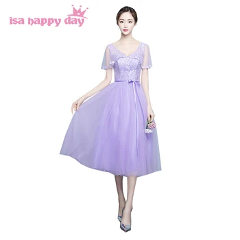 

capped tulle ruched lavender lace sweetheart new 2020 sexy v neck party dresses short tea length bridesmaid dress lilac H4112