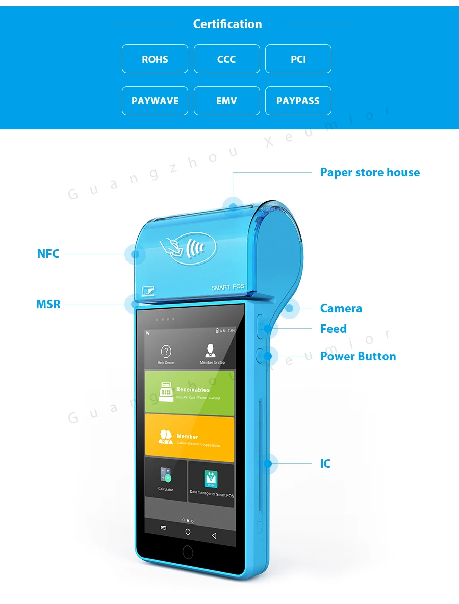 Xeumior Android 7,0 4 г gps мобильный ручной POS терминал с принтером и сканер штрих кодов магнитных карт считыватель SM-V2