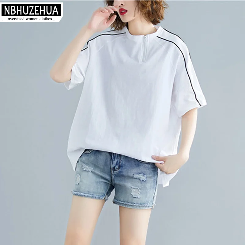 Nbhuzehua размера плюс футболка Для женщин воротник-стойка на каждый день однотонные, стиль Харадзюку футболка Feminina Повседневное летняя верхняя одежда 5XL 19-A248 - Цвет: tee shirt femme