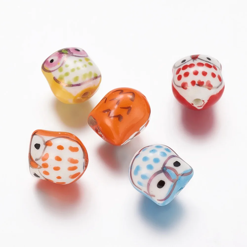 

PandaHall 200pc 17x15x13mm Handmade Porcelain Owl Ceramic Clay Jewelry Making DIY Finding Famille Rose Bracelet Beads Halloween
