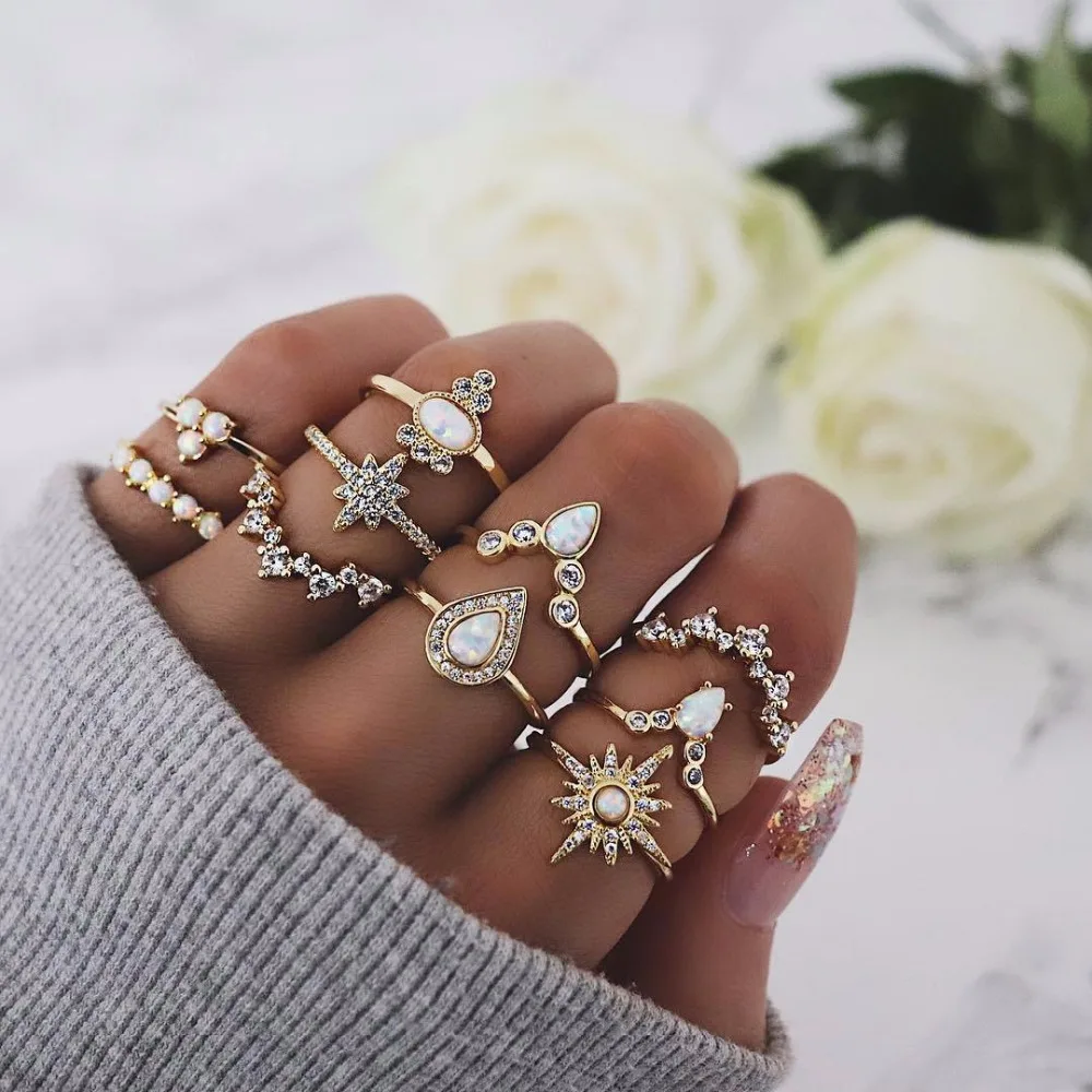 

10PCS/Set Vintage Star Water Drop Opal Ring Set Crown Opal Stone Knuckle Midi Ring Set for Women Boho Jewelry Gift Accesso