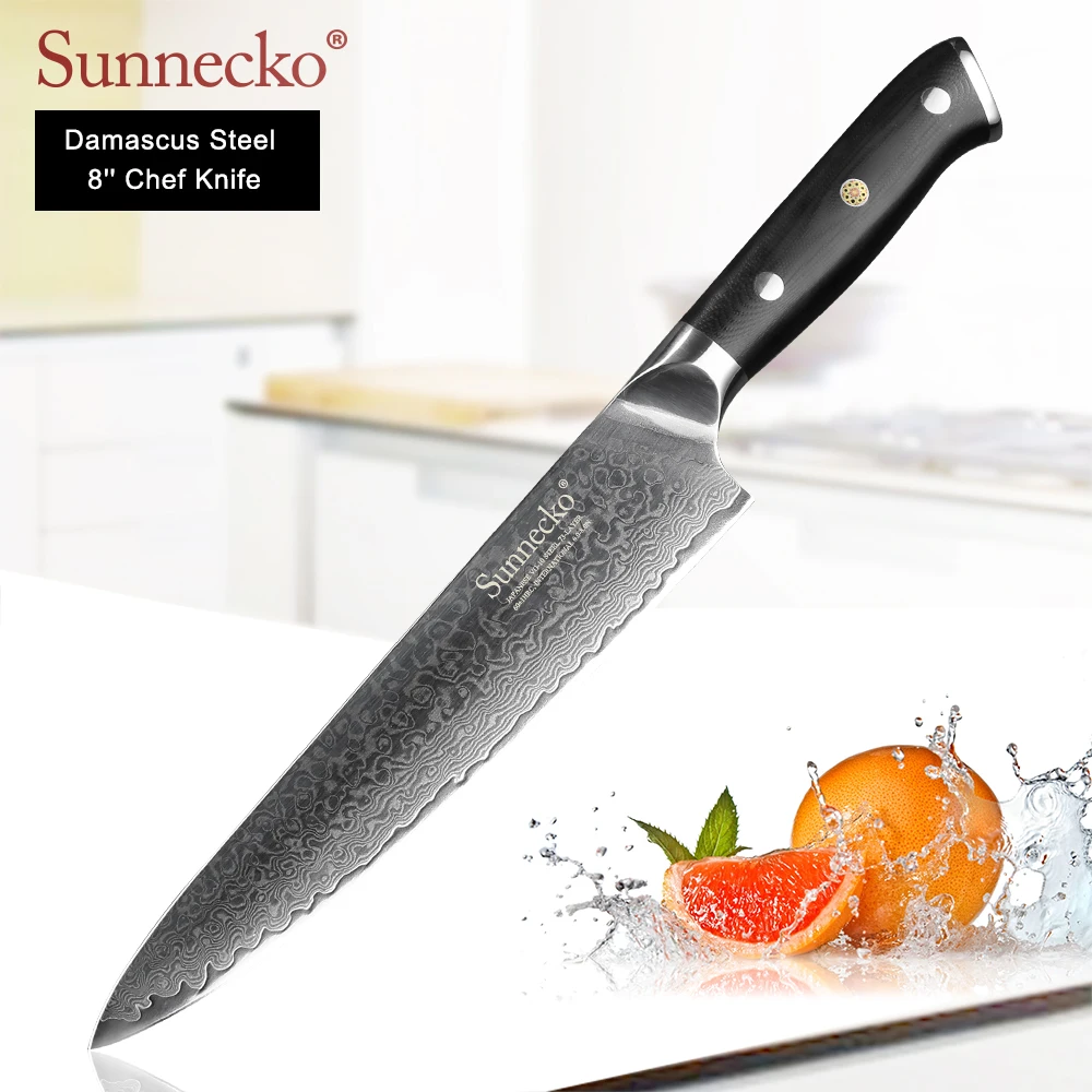 

SUNNECKO 8" inches Chef's Knife Japanese VG10 Steel Core Blade Sharp Meat Cut Damascus Kitchen Knives G10 Handle Cooking Tools