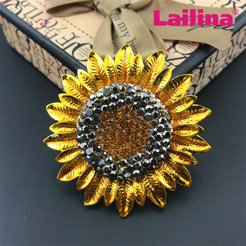 

100pcs/lots Gold tone brooch rhinestone sunflower brooch pin