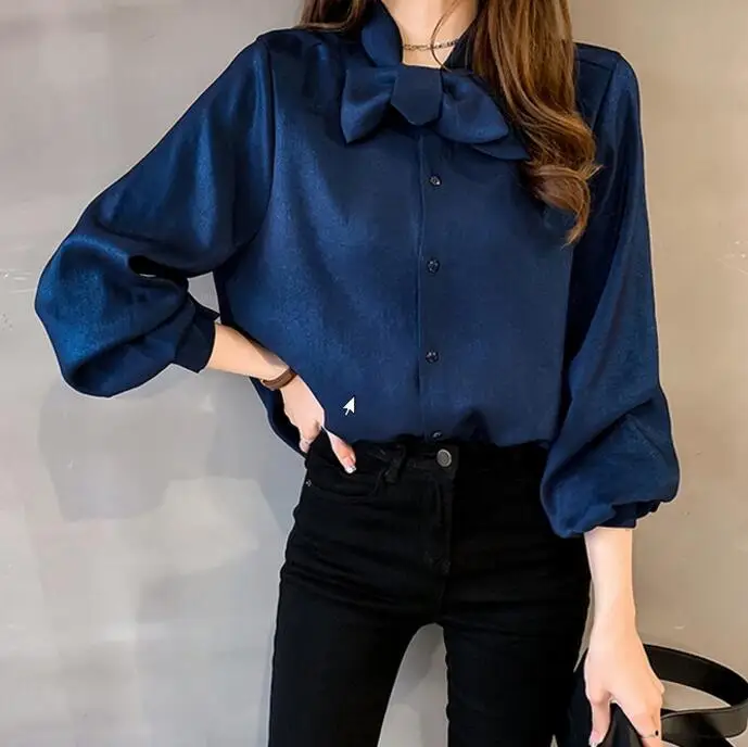 Шелковая блузка для женщин высокого качества с бантом Модная элегантная Офисная Женская блузка с длинным рукавом Топы и блузки размера плюс XXXL 4XL