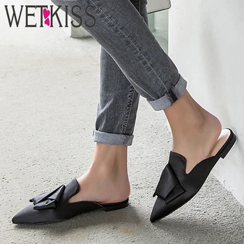 

WETKISS Satin Slippers Women Fashion Casual 2019 New Slides Shoes Summer Mules Shoes Ladies Pointed Toe Flat Shoes Female Black