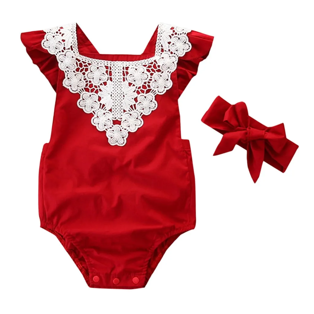 

CHAMSGEND Toddler Newborn Baby Cotton blend Sleeveless Lace Romper Jumpsuit+Headbands Casual Set Outfit FEB19 P30