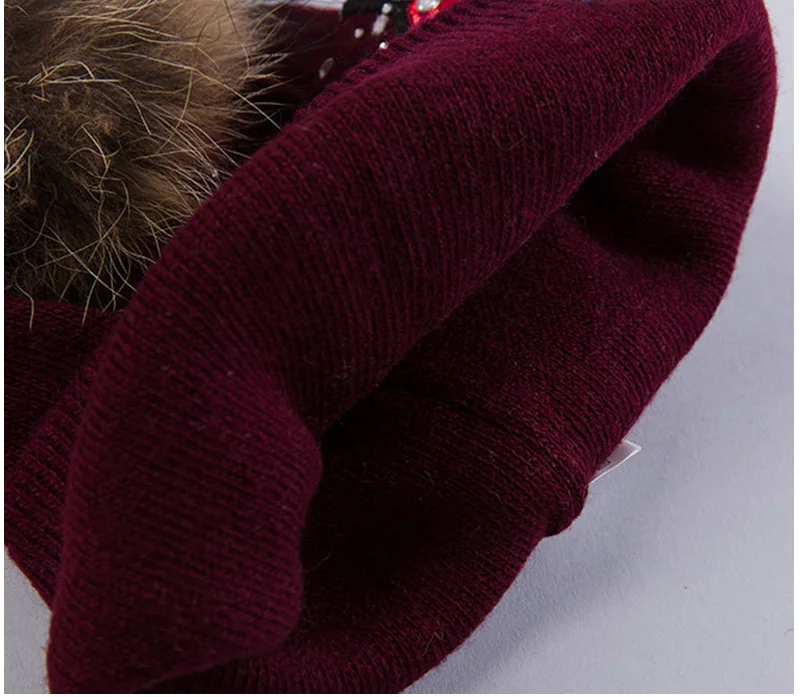 Winter Hat Women Knit Beanie Warm Cap Wool Flower Real Raccoon Pom Pom Autumn Casual Outdoor Ski Skullies Snow Accessory (35)