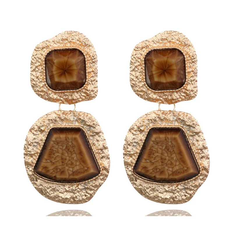 

C850 European Brand Luxury Gem Stone Pendant Dangle Earrings for Women ZA Vintage Exaggerated Metal Geometric Earrings Ladies