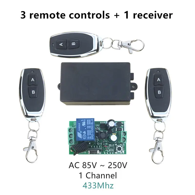 

433Mhz Universal Wireless Remote Control Switch AC 110V 220V 1 Channel Relay Receiver Module and 3pcs RF 433 MHz Remote Controls