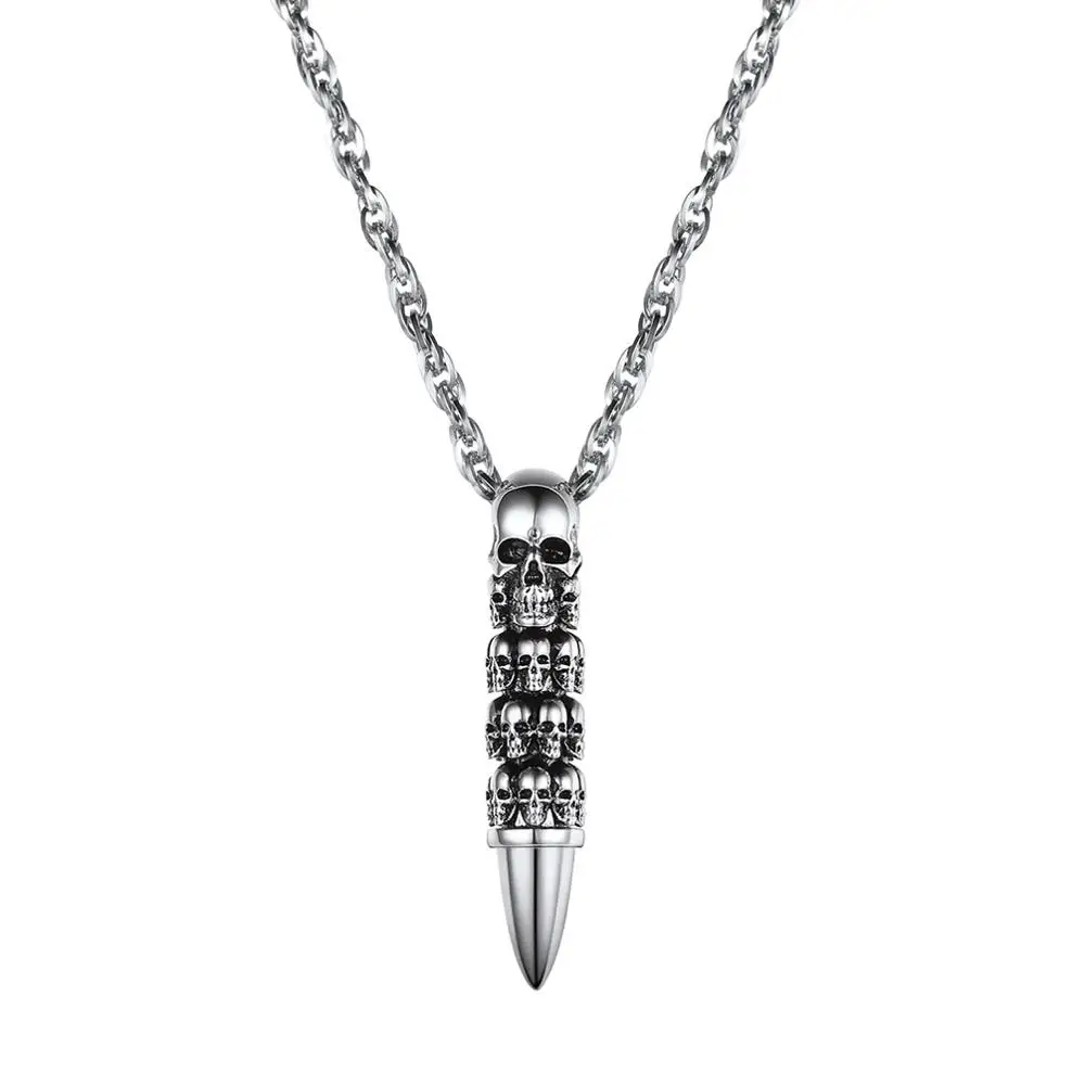 U7 Bullet Skull Necklace for Men Punk Rock Biker Stainless Steel Jewelry Choker Accessories with 55cm Water-wave Chain P1121 - Окраска металла: Stainless steel