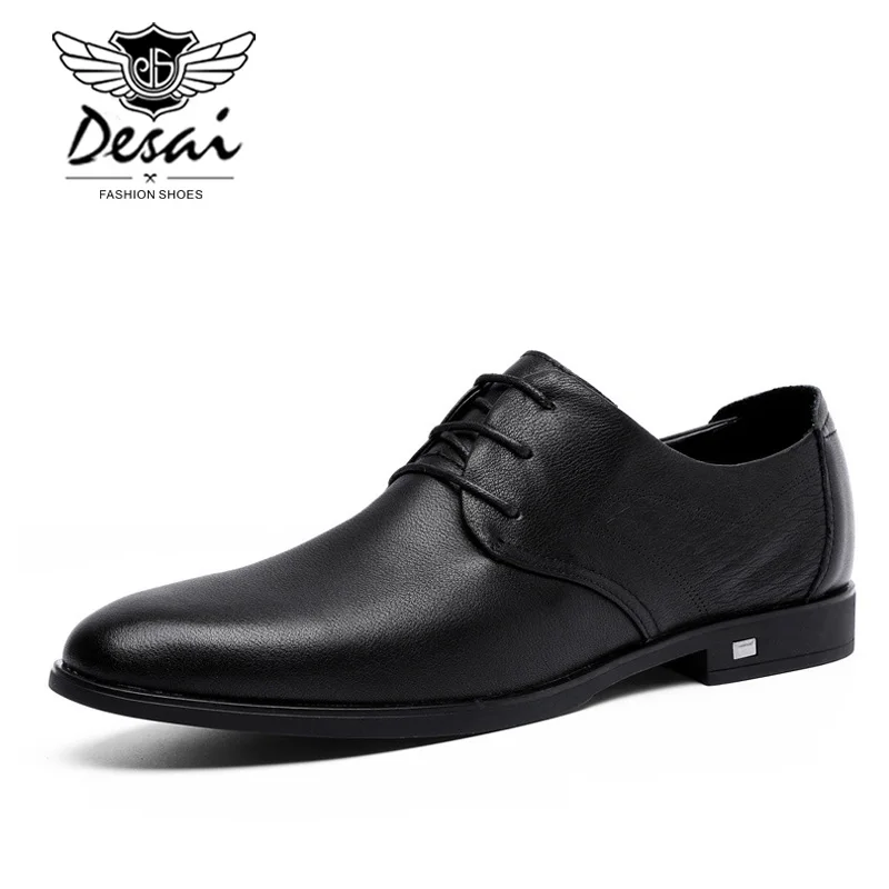 DESAI/брендовая мужская обувь из натуральной кожи; Повседневная дышащая обувь на шнуровке в британском стиле; Мужские модельные туфли в деловом стиле; модная официальная обувь на плоской подошве - Цвет: Black