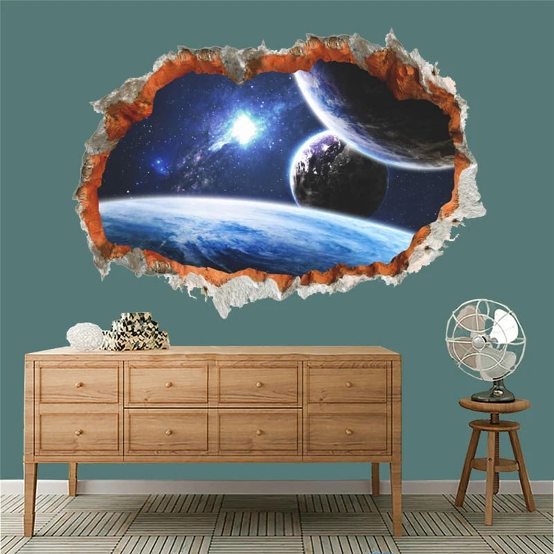 

3d effect outer space planet through wall stickers for living room kids room decor pvc scenery smash wall decals diy mural art
