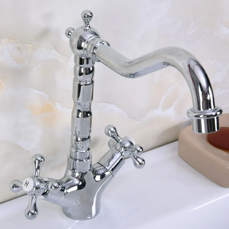 Deck Mounted Polished Chrome Brass Swivel Spout Double Cross Handles Kitchen/Bar Bathroom Sink Faucet Hot&Cold Mixer Tap anf919