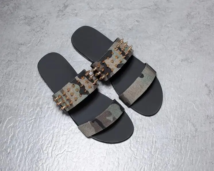 Genuine Leather Summer Men's Sandals Narrow Band Slipper Rivets Slip On