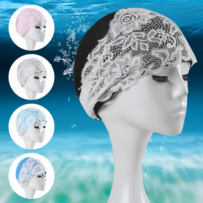 Solid PU Lace Swimming Cap For Long Hair Waterproof Pool Hat Ear