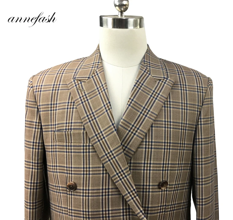 Tailor-made high quality worsted 150's wool brown windowpane check Suit Men double breast reverse collar suit