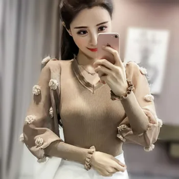 

2020 Spring long lantern sleeve V neck knitted T-shirts women sexy chiffon patchwork knitted tops bodycone knitted pullovers top