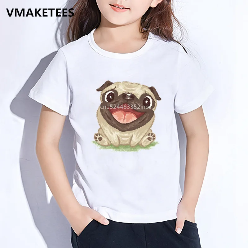 Детская летняя забавная футболка с короткими рукавами для мальчиков и девочек, Детская футболка с акварельным принтом мопса, повседневная