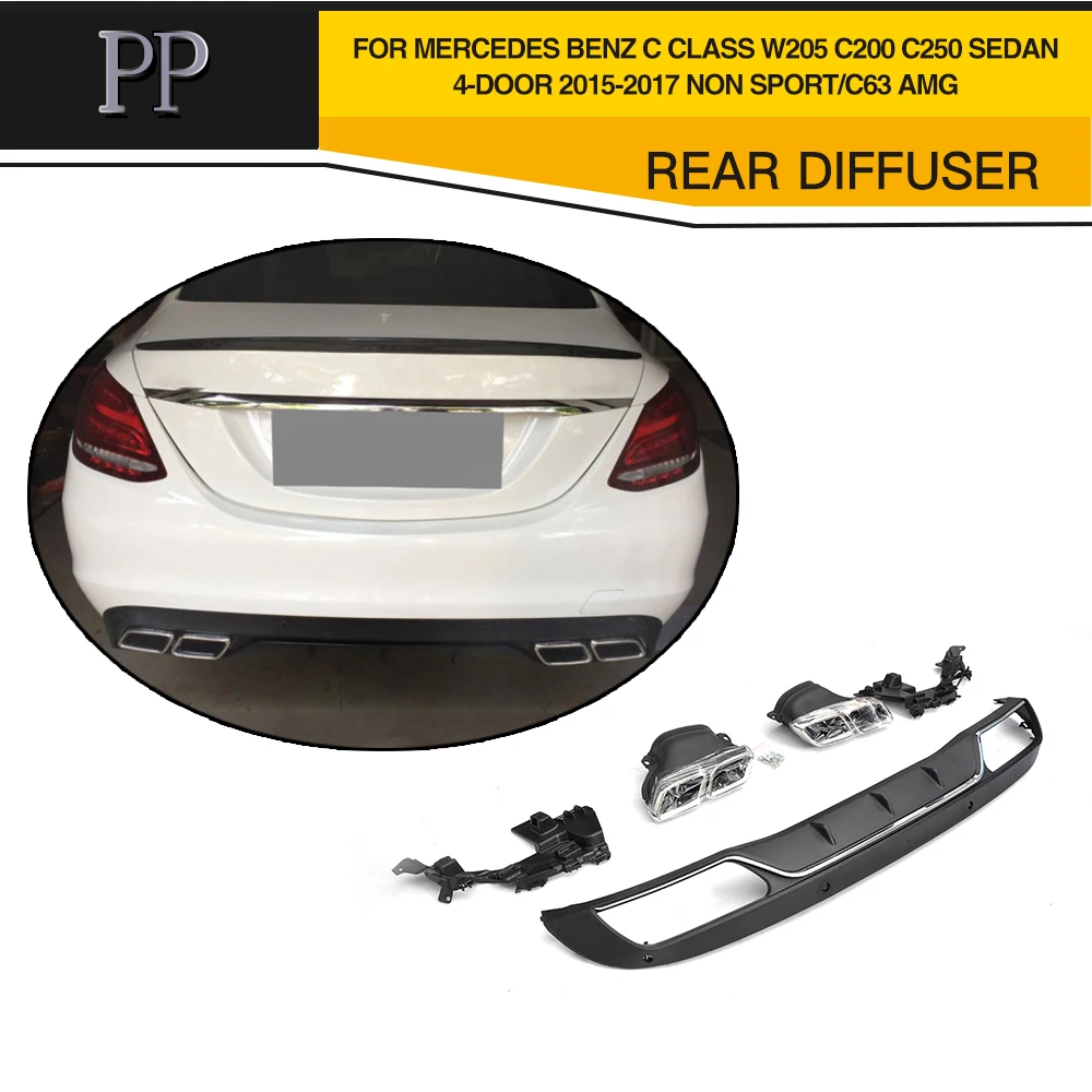 

For C Class PP Rear Diffuser with Exhaust Tips Four Outlet for Benz W205 C200 C260 4 Door Change to C63 AMG look