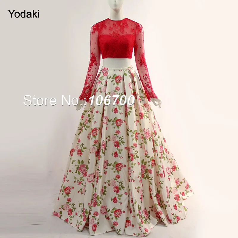 Two Pieces Lace with Rhinestone Printed Prom Dresses Long Sleeves Open Back Party Gowns Ballgown Pleat Ruched Evening 2018 | Свадьбы и