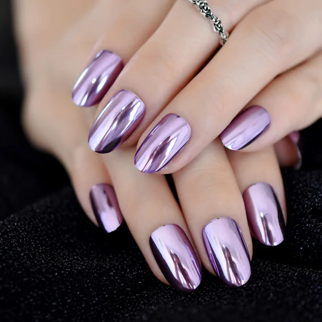 Chrome Oval Purple Short Nails Mirror Effect Metallic Nails Violet Color Ladies Nails Acrylic