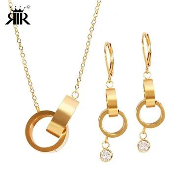 

RIR Fashion Delicate Women Jewelry Sets Dubai Women Jewelry Set In Stainless Steel Gold Color Necklace With CZ Earrings