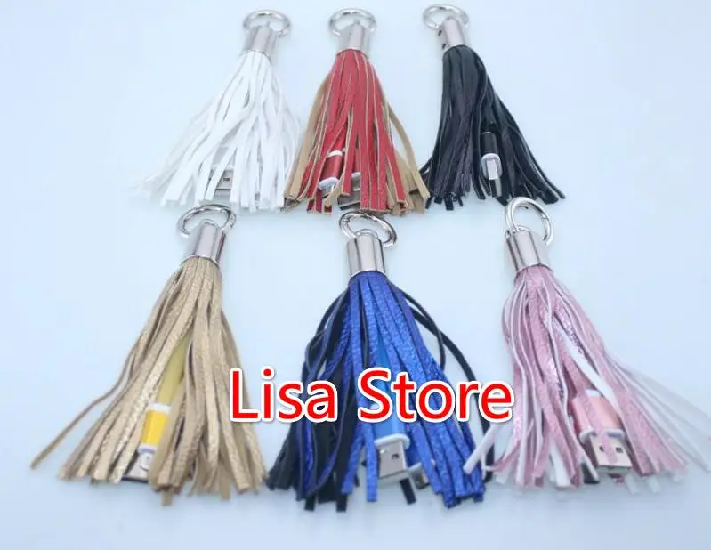 20pcs Mini USB Cable 2 in 1 Leather Tassel Keychain Fast Charger