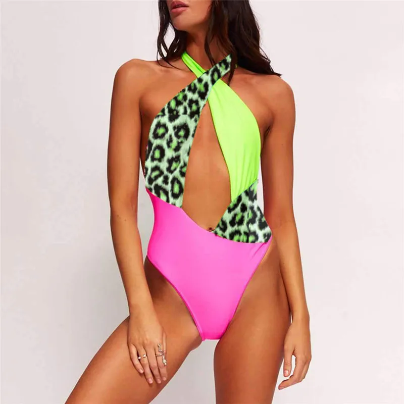 

Neon Green One Piece Swimsuit 2019 Sexy Cutout Patchwork Leopard Bodysuit Bandage Cheetah African Swimwear Women Bathing Suit