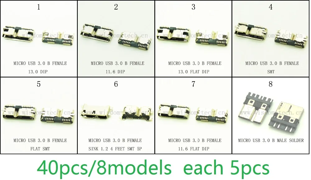 

40Pcs/8models HI-Speed Micro USB 3.0 jack Female 10Pin SMD&DIP Socket PCB Soldering Connectors