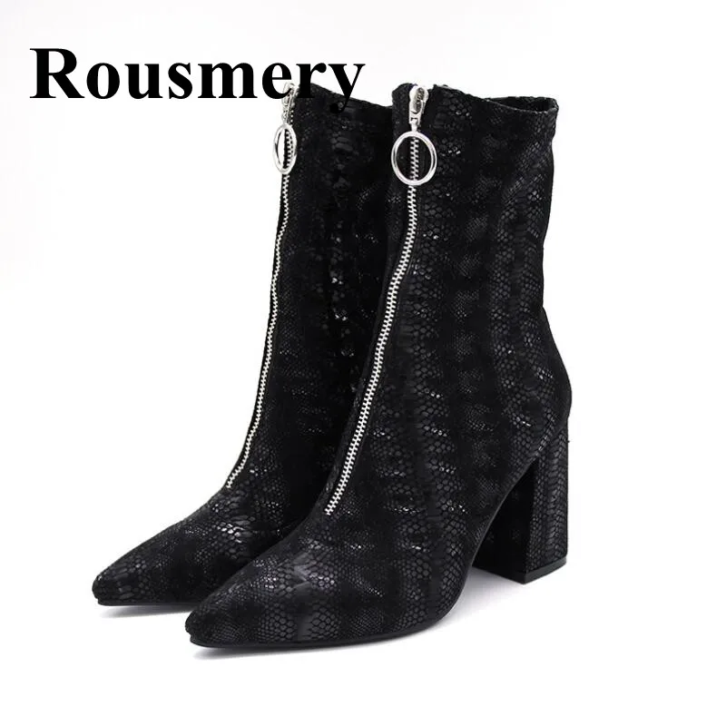 

2018 Newest Front Measuring Zipper Black Snakeskin Pattern Sexy Pointed Toe And Square Heel High Heel Fahion Women Ankle Boots
