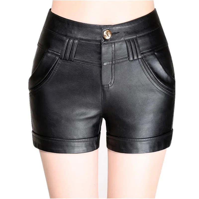 

New Arrival PU Leather High Waist Shorts 2015 Autumn Winter Casual Shorts Women Slim Black Color Plus Size 26-32