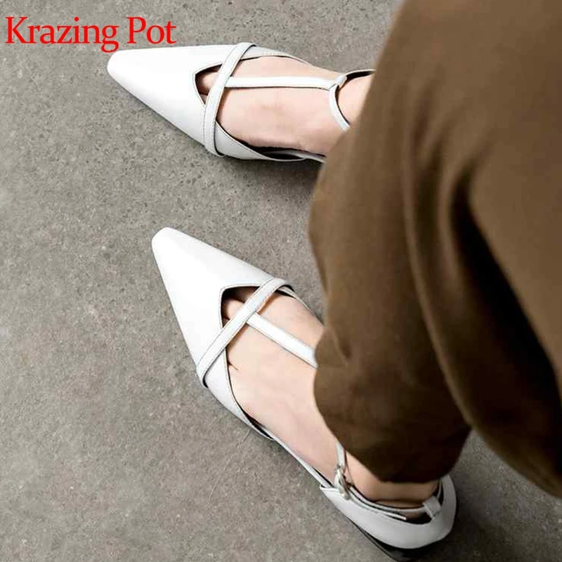 

Krazing Pot hot selling genuine leather ankle straps pointed toe med heels streetwear gorgeous summer hollow leisure pumps L28