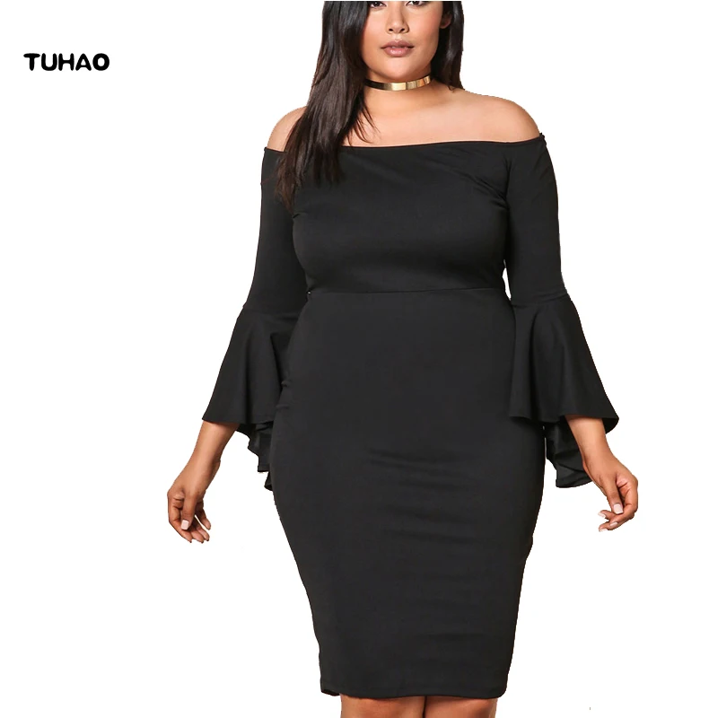 

TUHAO Plus size women's clothing 2019 new autumn winter ruffles sleeve office lady dress sexy black dresses vestido robe BC62