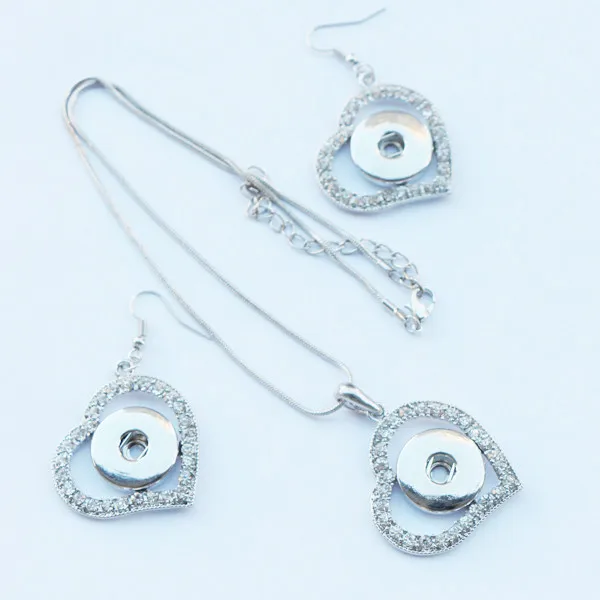 

Fashion Rhinestone Heart Metal 18mm Snap Buttons Necklace Earrings Jewelry Set For Women