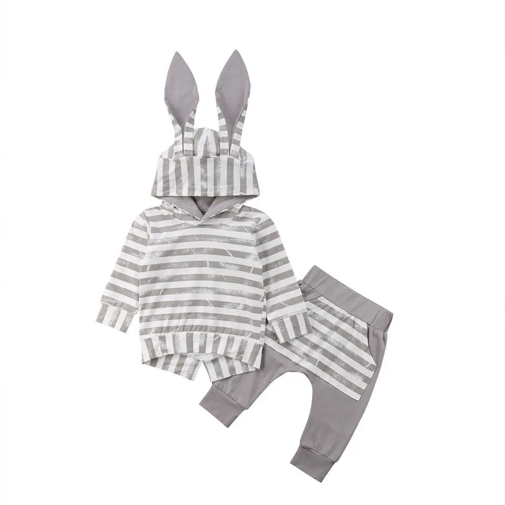 

2018 Newborn Infant Baby Boy Girl Autumn Winter Clothes Striped Bunny Ear Hooded Tops+Harem Pant Trouser 2PCS Clothing Set