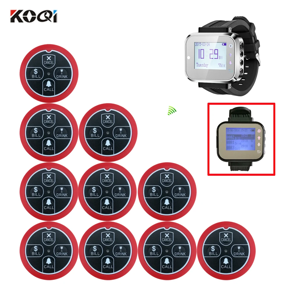 

10 pcs call buzzer 1 receiver watch Restaurant Guest 4-keys Ultra-thin Button Waiter 3 Group Wrist Pager Wireless Calling System