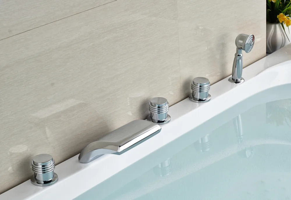 

Modern Deck Mounted Bathroom Waterfall Shower Faucet With Hand shower Chrome Finished Mixer Tap