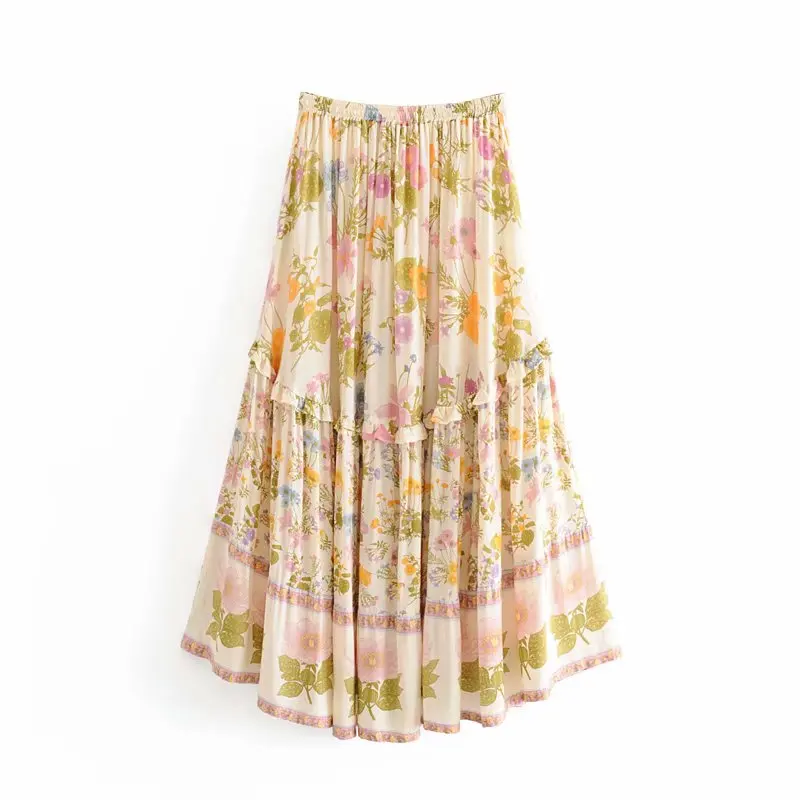 Модные женские гофрированные длинные юбки boho шикарные летние Цветочный Принт Кисточкой бант Нижняя юбка Повседневная jupe femme