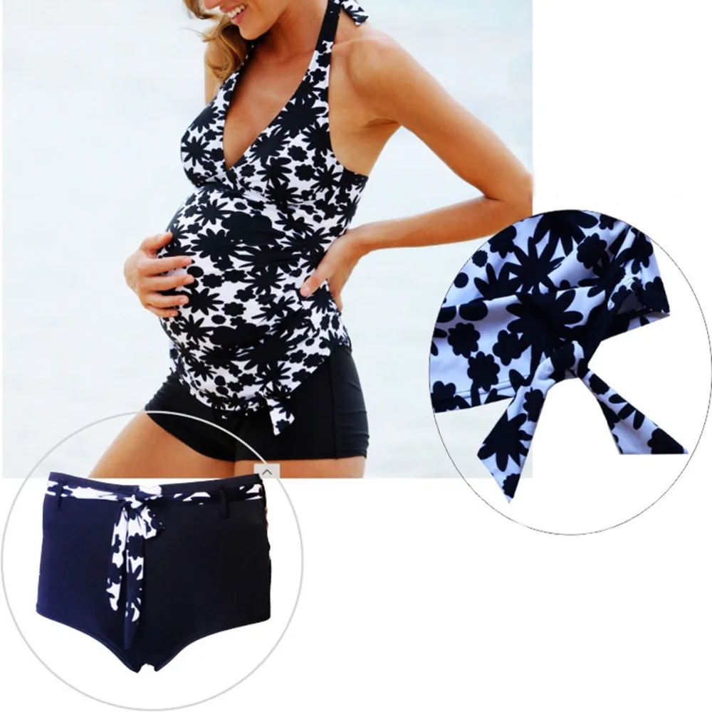Купальный костюм для беременных, Модный женский комплект из двух предметов для беременных, большие размеры, купальники с лямкой на шее, с