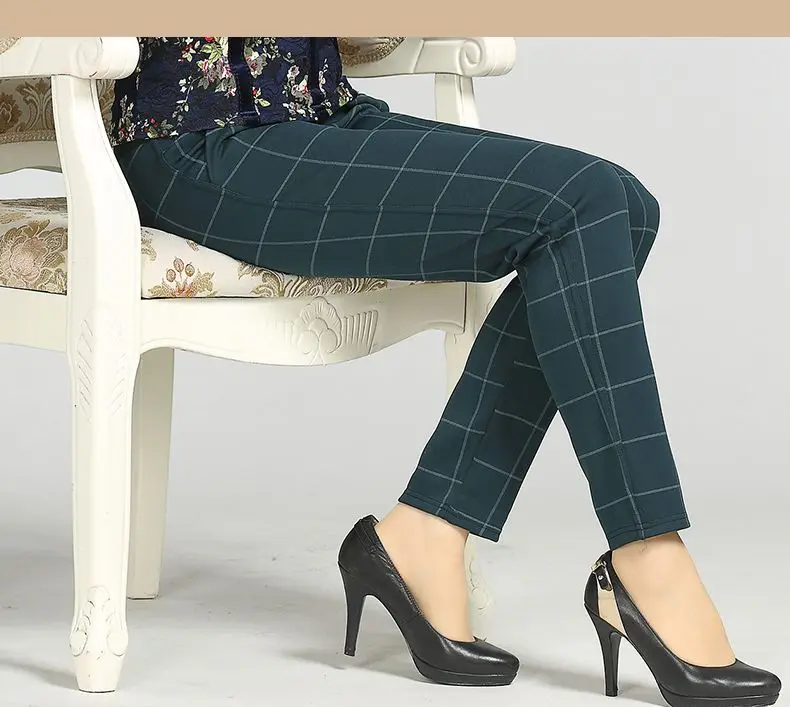 Woman Casual Pant Navy Blue Green Black Plaid Trousers Women Spring Autumn Winter Trouser High Waist Elastic Band Pantalonese Mujer  (13)
