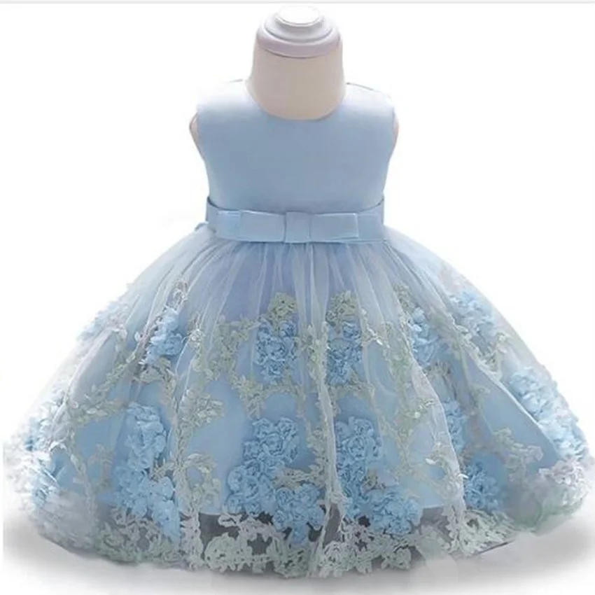Брендовые кружевные платья для крещения с цветочным принтом и бантом для новорожденных девочек 12 месяцев, 1 год, платья наряды принцессы на крестины для первого дня рождения - Цвет: BL1845XZ Blue