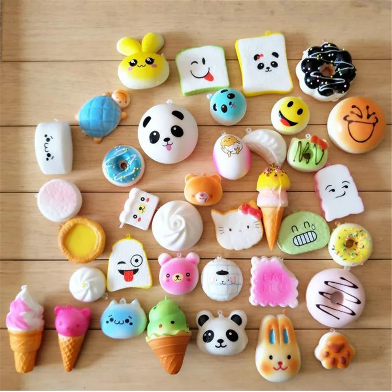 

Squishy Slow Rising Toys 30pcs/Lot Simulate Food Stretchy Straps Pendants Scented Stripe Bread Panda Icecream Squishies Toy Gift