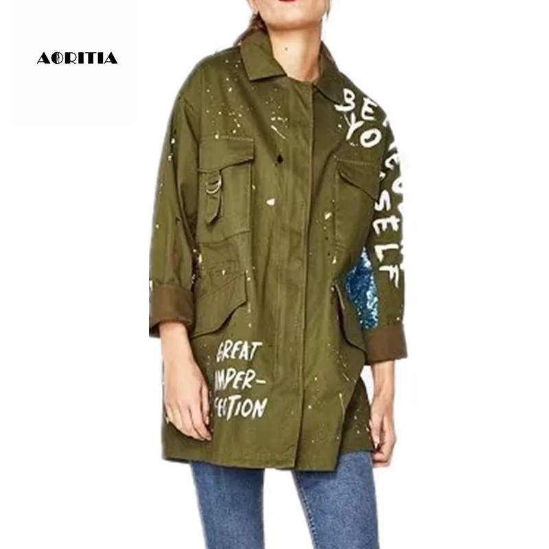 2019 Spring Autumn Women Sequins Army Green Jacket Denim Jeans Letter Jackets Outwear Jaqueta-in 