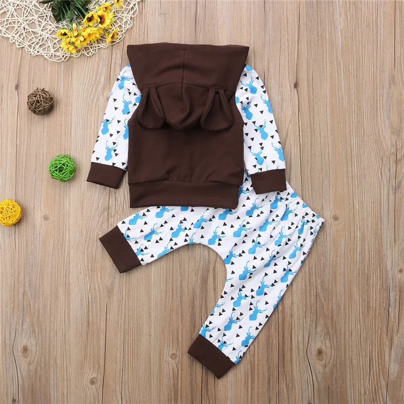 Модная Милая Одежда для новорожденных мальчиков и девочек толстовка с капюшоном штаны с принтом комплект из 2 предметов хлопковый спортивный костюм для малышей