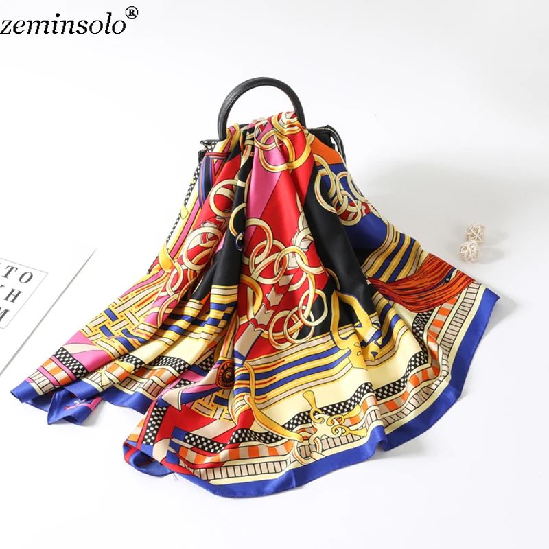 

130*130cm 2019 Luxury Brand Chain Printed Twill Silk Scarf For Women Bandana Headband Female Large Square Scarves Silk Shawls