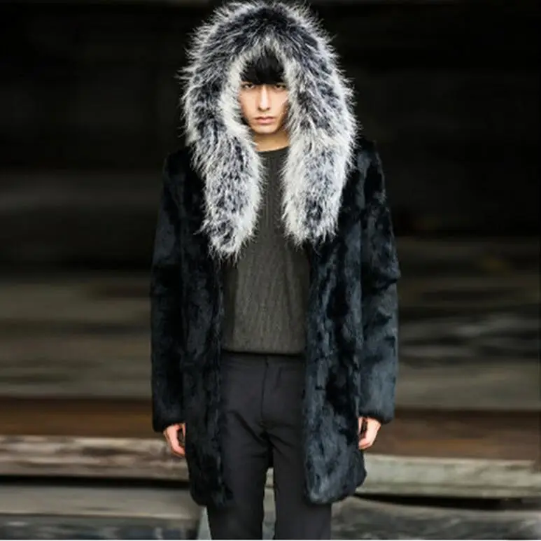 

Hooded faux mink jacket mens leather clothes winter thicken warm casual fur leather coat men long sleeve jackets autumn black