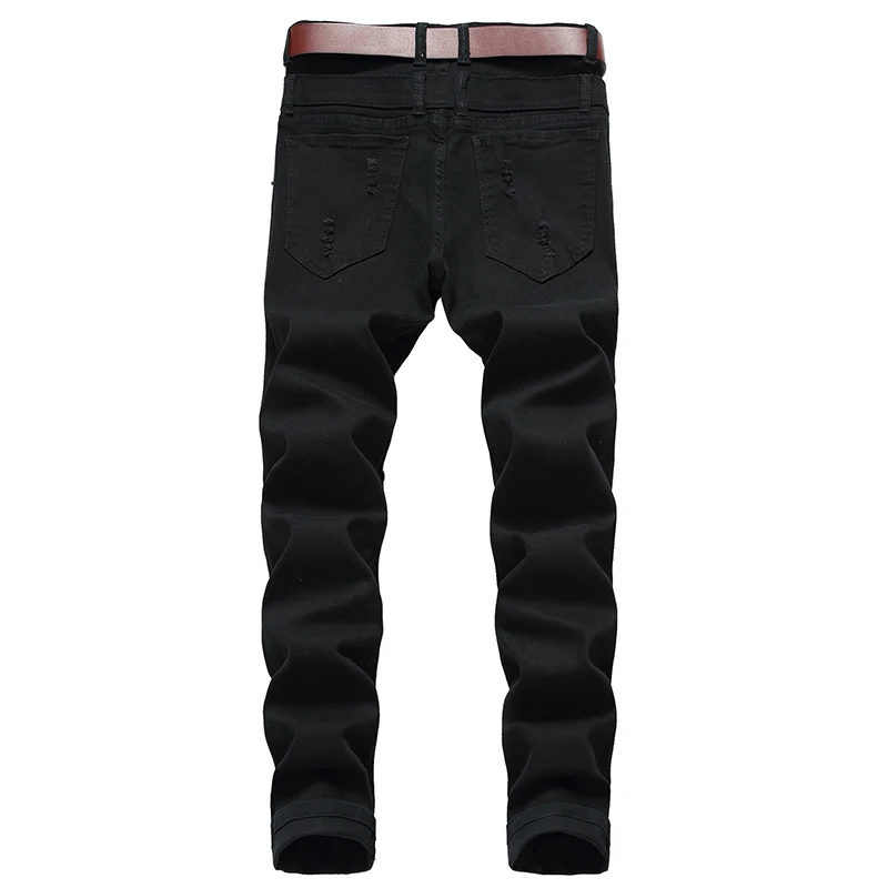 Для мужчин отверстия рваные джинсы стрейч Повседневное slim fit Проблемные Джинсы Синий черный, красный