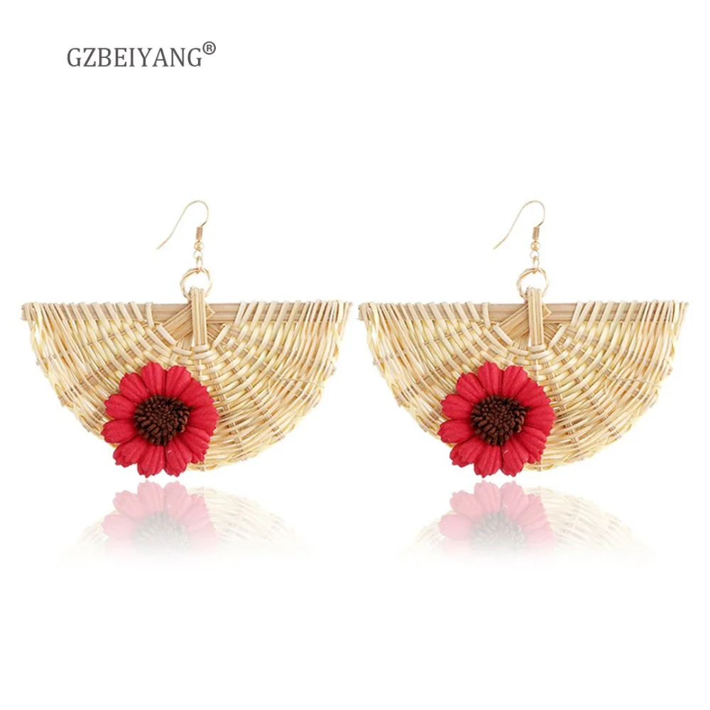 

GZBEIYANG Handmade design woven bamboo fan-shaped ethnic woman earrings jewelry for retro sunflower earrings girls party gifts
