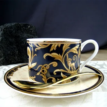 

Bone China Mug Coffee Cup And Saucer Set Tazas Tea cup Retro Figure Afternoon Black And Gold Cup Vintage Coffee Tea Set 2pcs/set